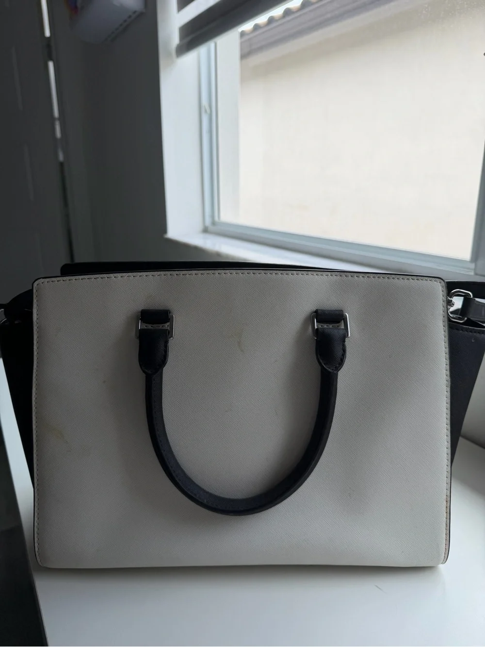 Michael Kors White & Black Saffiano Leather Satchel Shoulder Bag